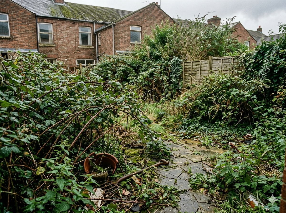 Garden before clearance — overgrown with brambles and weeds