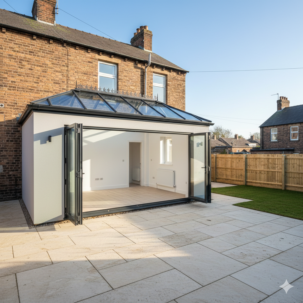 After: open-plan extension with glass roof lantern and bifold doors, Headingley Leeds