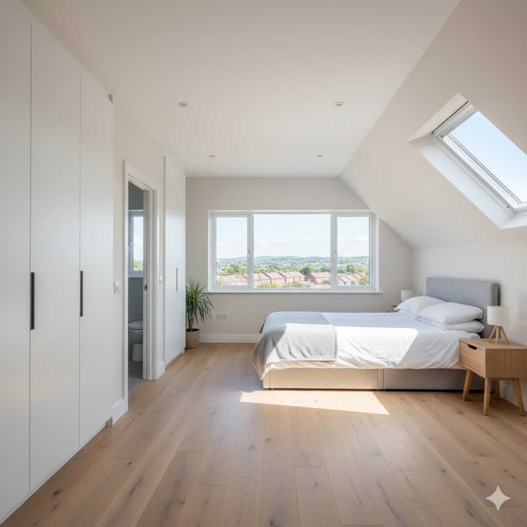 Dormer loft conversion bedroom with Velux windows, Bradford